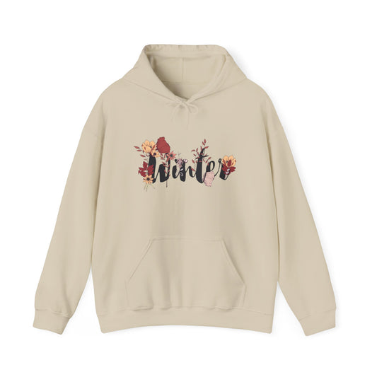 Winter Floral Hoodie — Cozy White Pullover with 'Winter' Script and Botanical Design
