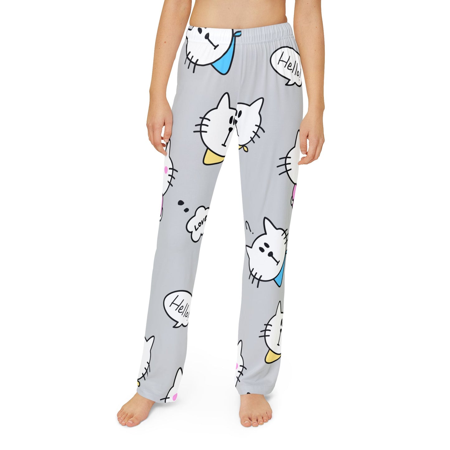 Kids Cat Lounge Pants - Cute Cartoon Kittens “Hello” & “Love” All-Over Print