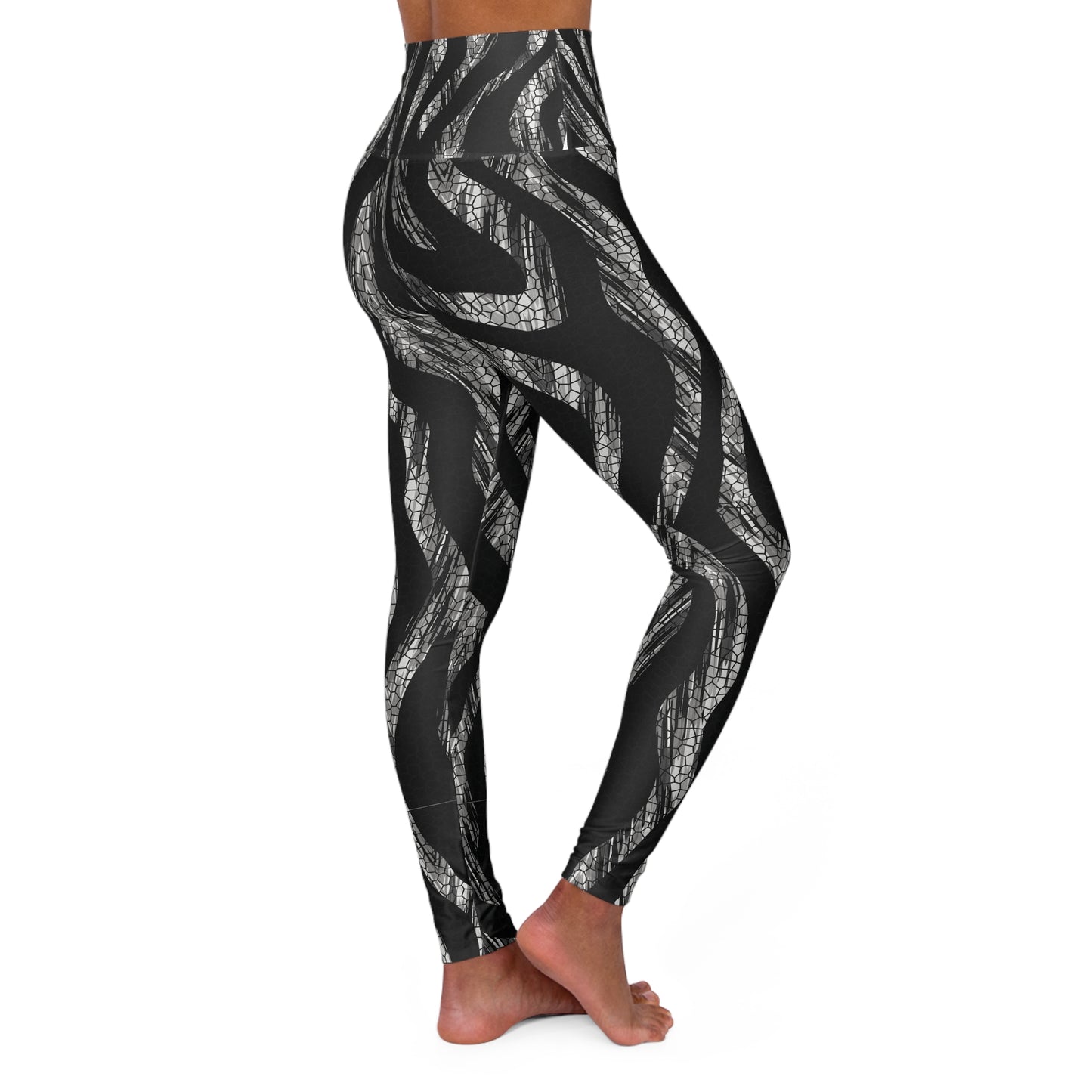 High-Waist Snake Print Yoga Leggings — Black & Silver Activewear