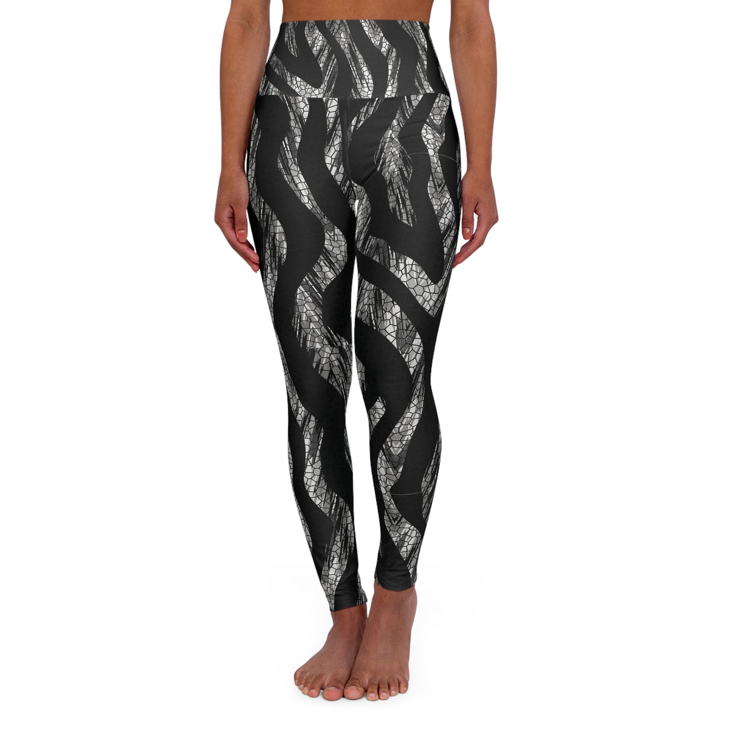 High-Waist Snake Print Yoga Leggings — Black & Silver Activewear