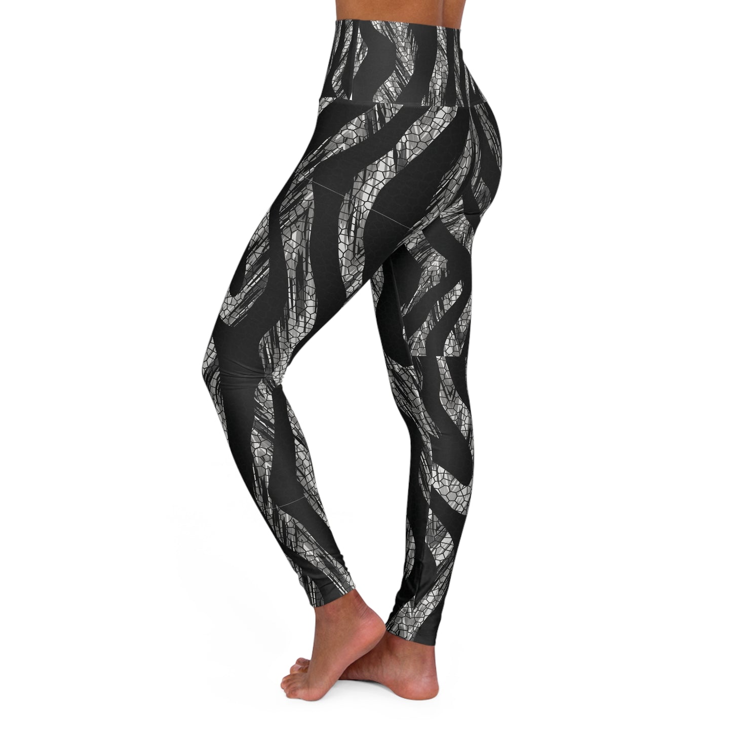 High-Waist Snake Print Yoga Leggings — Black & Silver Activewear