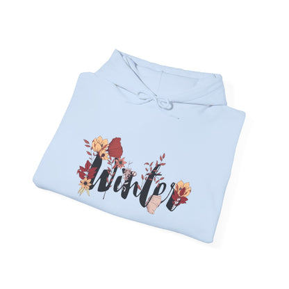 Winter Floral Hoodie — Cozy White Pullover with 'Winter' Script and Botanical Design
