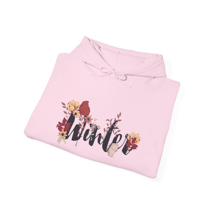 Winter Floral Hoodie — Cozy White Pullover with 'Winter' Script and Botanical Design