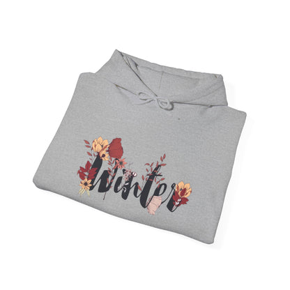 Winter Floral Hoodie — Cozy White Pullover with 'Winter' Script and Botanical Design