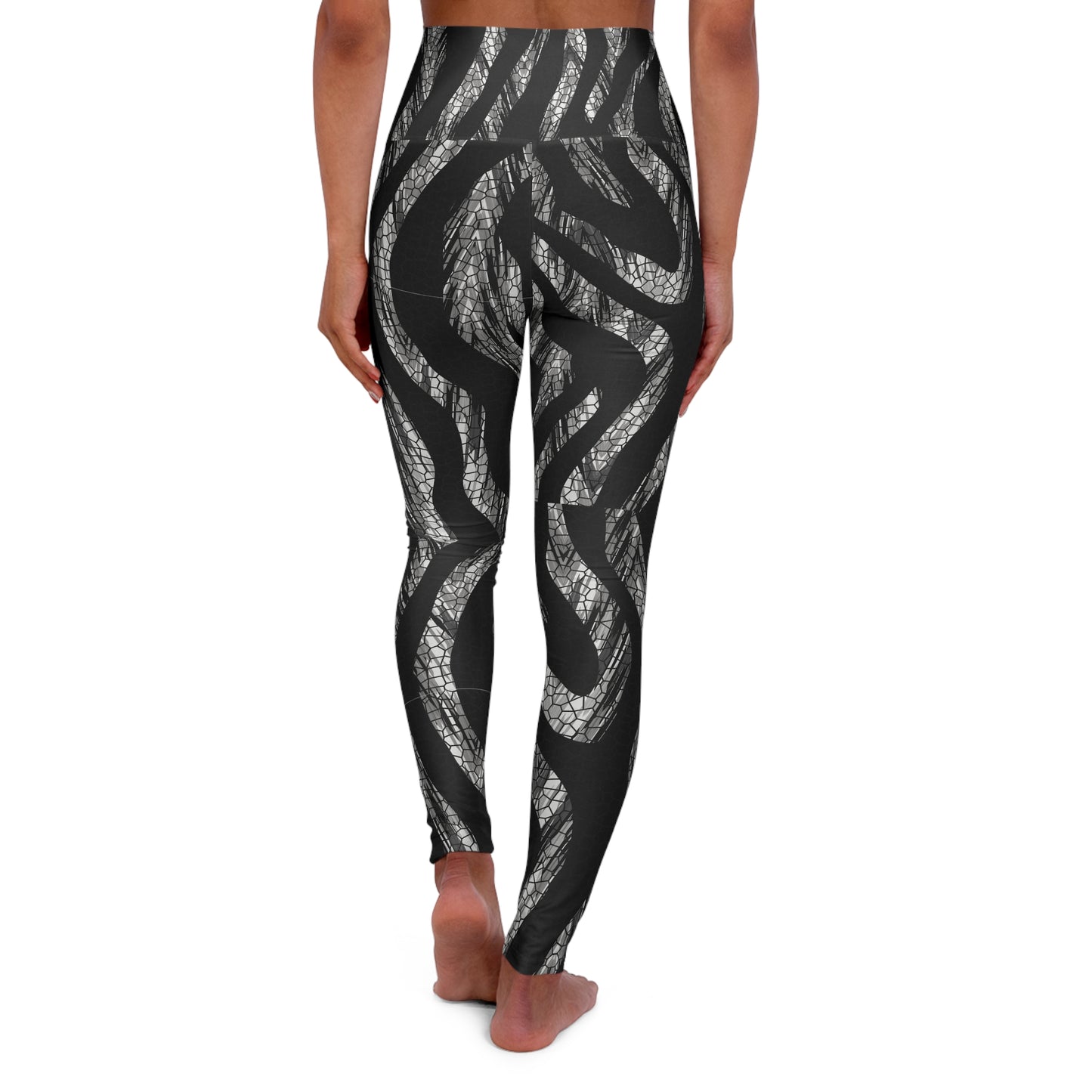 High-Waist Snake Print Yoga Leggings — Black & Silver Activewear